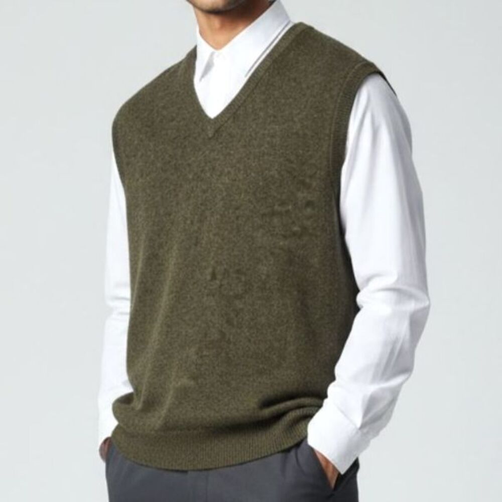 Lord & Taylor 100% Lambswool Sweater Vest XL Olive V-Neck Grandpa Core Knit